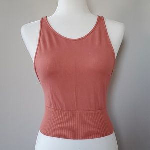 NWOT Free People Good Karma High Neck Crop Tank Peachy Nude Sz M/L
